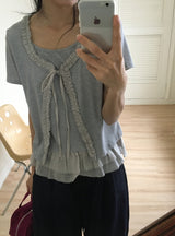 Pokapo Frill Layered Ribbed Short Sleeve Cardigan