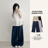 ラベンダー 💜 ウエスト カラーコントラスト ナイロン スラックス ワイド パンツ (4 colors) #CrinklePants