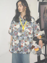 Short-sleeved pure cotton vintage casual floral shirt with texture effect