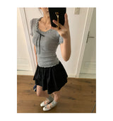 ribbon frill sweet short-sleeved knitwear