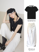 ブラックレイヤードホルターネックストラップショートスリーブTシャツ