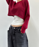 (WARMER DETAIL!) シッククロップドワイドルーズラウンドニット - 2 COLOR