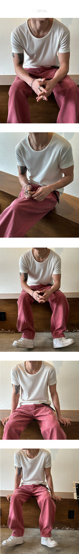 [MUSCLE FIT] Golgi u neck half t-shirts(4color)