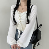 Ake color combination cropped string tank top + corset frill puff bolero set