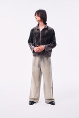 LEOPARD VELVET DOUBLE-HEAD COLOR-TOOTH ZIPPER SMUDGED SPRAY DISTRESSED TAILORED STAND COLLAR JACKET