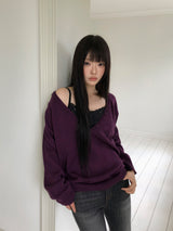 Chemin Button Deep V-Neck Long Sleeve Knit
