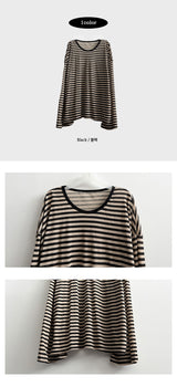 Romu ルーズフィットストライプダンガラロングスリーブTシャツ
