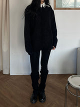 [UNISEX] オーバーフィット ベロア オフショルダー ダブルスナップボタン ロングスリーブ ニットT(4 colors)