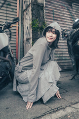 Hooded ribbon cardigan (Gray)