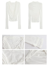 White Smudge Lace Shirring Long Sleeve T-shirt