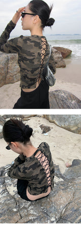 Camo plage back strap long-sleeve zip-up T-shirt