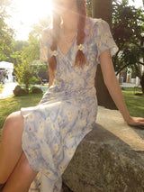 French flower shirring wrap dress