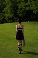 BACK OPEN FLARE MINI DRESS IN BLACK