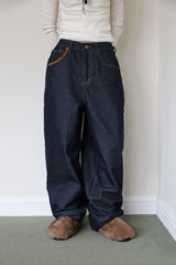 Suede patch denim pants