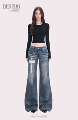 Cross-washed long semi-bootcut denim