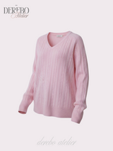 Baby Pink Twisted V-neck Loose Fit Knitwear