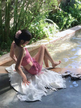[ 3-piece / watery pink ] camellia frill halter bikini