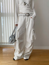 white overall pocket wide casual pants