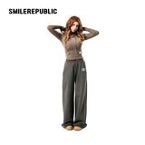 Dark Green 100% Cotton A-Line Wide Leg Sweatpants with Drawstring Waist and Logo Graphic