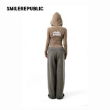 Women's Wool Blend Slim Fit Cropped Graphic Hoodie, Dark Green Gray Casual Streetwear Sweatshirt