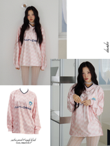 satin pink V-neck block core sweatshirt