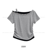 Steen Wood Button Layered One-Shoulder Short Sleeve