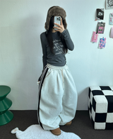 SHEEP FLEECE 🐑🧸 SNAP TRACK 3 LINE PARACHUTE LONG WIDE PANTS 🩶🖤 2COLOR