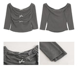 オフショルダーボウシャーリング長袖Tシャツ
