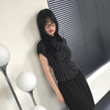Giol Geek シック ストライプ シャーリング パフ 半袖シャツ