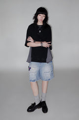 Irregular patchwork off-the-shoulder short-sleeved T-shirt for summer