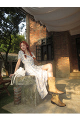 French flower shirring wrap dress