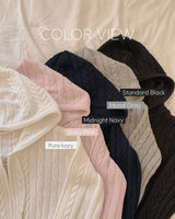 Foam cable hooded knit zip-up
