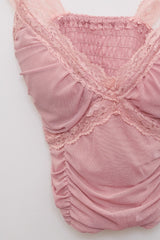 Lace-Trimmed Shirred Smocked Bra Top (Pink)