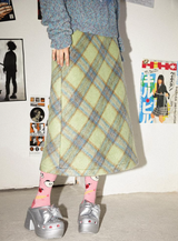 Contrast color tweed check retro high-waisted A-line skirt