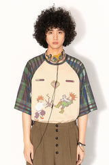 Breathable short-sleeved T-shirt with milk silk checkered patchwork design
