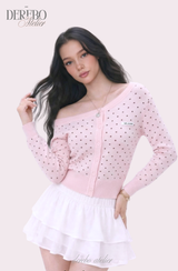 Pink dot unbalanced shoulder top