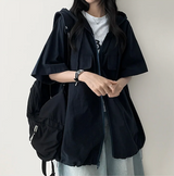 スプンリネンストリングボクシー半袖フーディドジップアップ