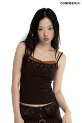 CONFUN Wool Color-Contrasting Fake Two-Piece Earflap Embroidered Bezel Beaded Collar Top