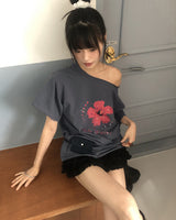 ルースフィットフラワープリントオフショルダー半袖Tシャツ