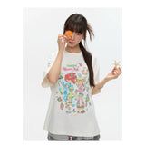 BETWEENAND xsunonebird Summer Loose Printed Top Two Color Pure Cotton Round Neck Short Sleeve T-shirt for Women