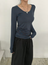 Wish Stripe U-Neck Long-Sleeve T-Shirt (6c)
