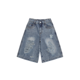 Salt Washed Damage Denim Half Pants - 2COLOR
