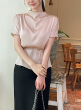 Raz Half-Neck Satin Pleats Blouse (Belt set)