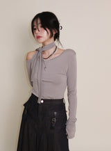 (Napping T-shirt) Euren One Shoulder Ribbon Tie Long-Sleeved Warmer T-Shirt