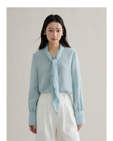 French ribbon tie V-neck blouse