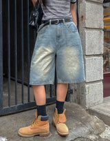 サイドピンタックウォッシュドバミューダデニムパンツ