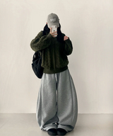 Terry Fleece side pin tuck incision string wide pants