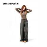 Women's Wool Blend Slim Fit Cropped Graphic Hoodie, Dark Green Gray Casual Streetwear Sweatshirt