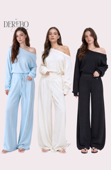 Waffle Asymmetrical Off-Shoulder Sweat Pants Set (TOP+PANTS SET)