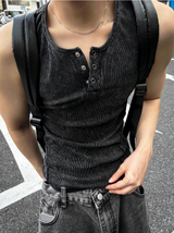 Pigment Dyeing Washing Vintage Muscle Fit Henley Neck Sleeveless Shirt
